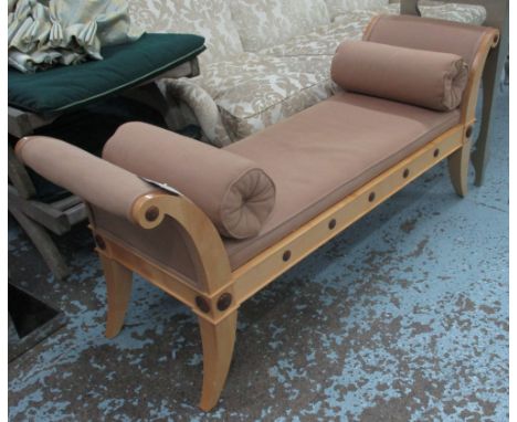  WINDOW BENCH, by Linley, in brown upholstery, the showframe with decorative roundels, (stamped beneath). 