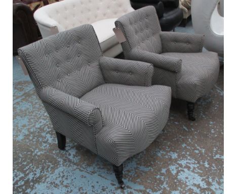 CLUB CHAIRS, a pair, button back in herringbone fabric on front castors, 70cm W. (2)