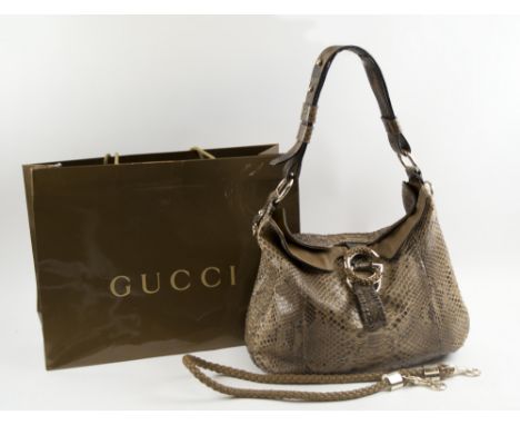 GUCCI G SHOULDER BAG, python with light fine gold hardware, brown leather lining, adjustable strap and detachable braided sho