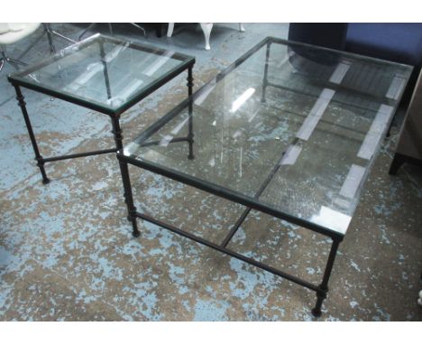 LOW TABLE, the glass top on a metal base, 90cm D x 150cm L x 48cm H, and matching lamp, 60cm W x 60cm D x 63cm H. (2) (with f