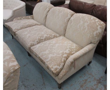 SOFA, Howard style, three seater with brown patterned upholstery, 216cm L. (similar to the previous lot) (with faults)