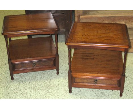 LAMP TABLES, a pair, of two tiers, each with a single drawer, 50cm H x 51cm W x 51cm D. (2)