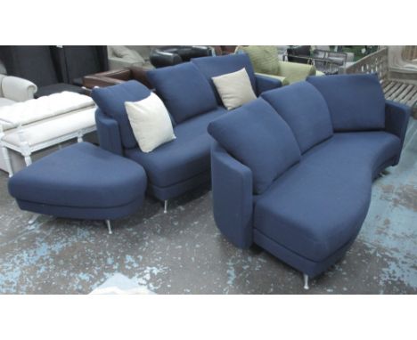 CORNER SOFA, by Rolf Benz, curved form blue upholstery, in two sections, each approx, 205cm W x 68cm H, plus footstool, cost 