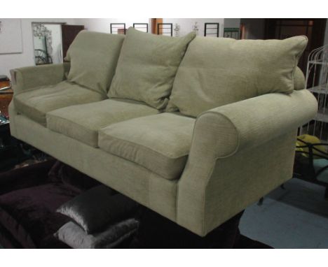 SOFA, three seater, in green upholstery, with footstool to match, 88cm x 83cm x 230cm L. (2)