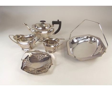 TEA SERVICE ETC. An EPNS three piece tea service &amp; plated cake basket etc.