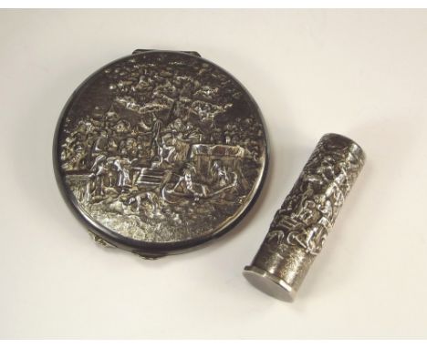 COMPACT ETC. A silver coloured metal powder compact &amp; matching lipstick case.