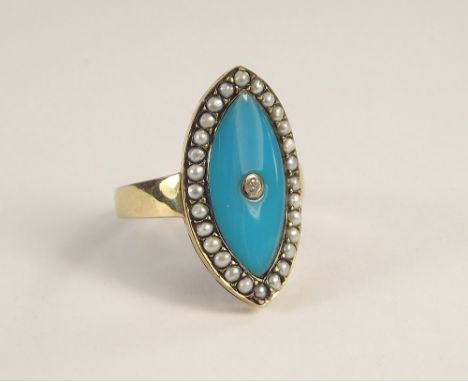 DRESS RING. A 9ct. gold Georgian style dress ring, set a single diamond within turquoise enamel &amp; half pearl border. Appr