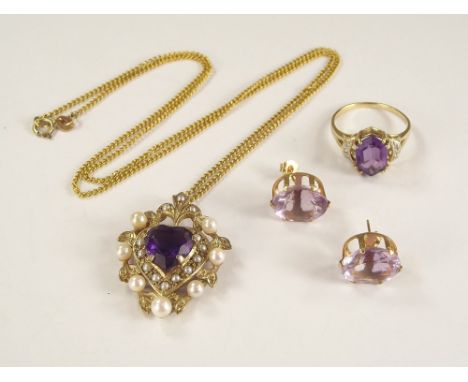 GOLD EARRINGS ETC. A pair of 14k. amethyst stud earrings, a 9ct. gold amethyst cultured pearl pendant on gold chain &amp; a 9