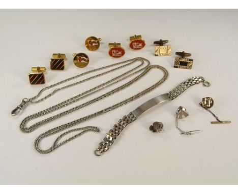 CUFFLINKS ETC.Silver, enamel & other cufflinks, a Rolls Royce tie tack & other tacks, a silver identity bracelet etc.