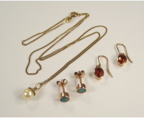 PEARL PENDANT ETC. A 9ct. gold mounted cultured pearl pendant on a 9ct. gold chain &amp; two pairs of gold earrings.