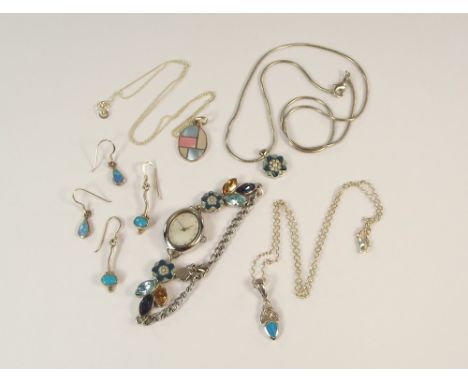 SILVER PENDANTS ETC. Two silver pendants, costume jewellery including a watch &amp; pendant set.