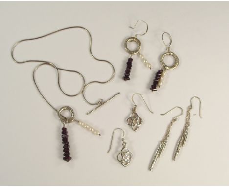 COSTUME JEWELLERY.A pair of Kit Heath earrings, in original box, a contemporary silver pearl & garnet necklace & earring set 