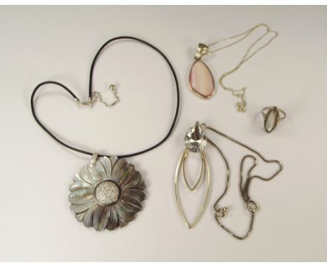 COSTUME JEWELLERY. A silver mounted &amp; pink mother of pearl contemporary pendant, one other pearl pendant &amp; two other 