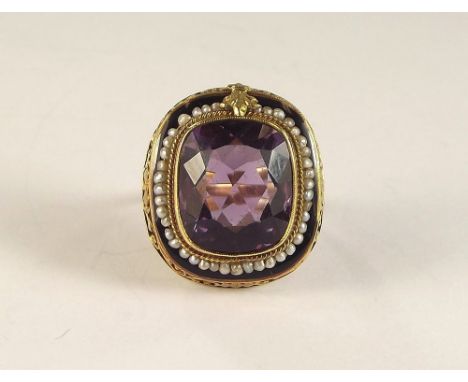 AMETHYST RING. A 14k. ring, set a large rectangular amethyst within a black enamel &amp; seed pearl border, the setting pierc