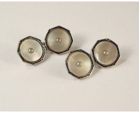CUFFLINKS. A pair of sterling silver, mother of pearl &amp; seed pearl cufflinks.