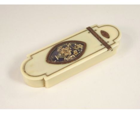 TOOTHPICK CASE. A late George III ivory toothpick box with gold inlay &amp; vacant cartouche. The hinged cover with a cartouc