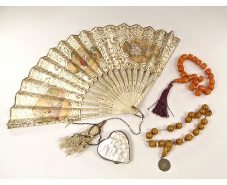 MISCELLANEOUS. A 19th century hand painted fan (a.f.), a mother of pearl veneered purse etc.