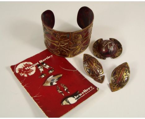 MARGOT HARTLEY. A mixed metals cuff bangle, a brooch &amp; drop earrings all by Margaret Hartley. Sold with Margot Hartley's 