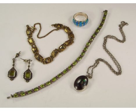 COSTUME JEWELLERY.Including a peridot & ruby bracelet, a pair of silver & marcasite drop earrings, simulated opal etc. 