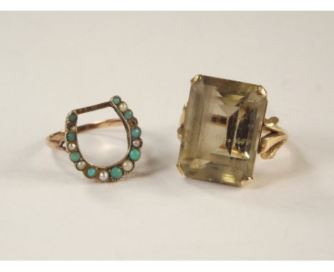 GOLD RINGS. A 1970s 9ct. gold smoky quartz dress ring, size M &amp; a turquoise &amp; seed pearl horse shoe ring.