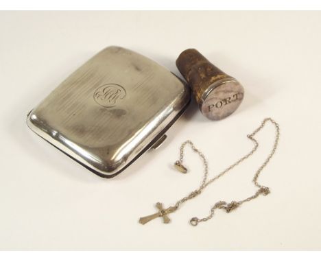 CIGARETTE CASE ETC.An engine turned silver cigarette case, a silver mounted 'Port' bottle stopper & a silver cross & chain.