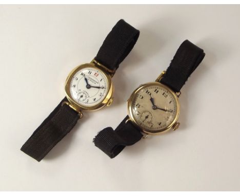 GOLD WATCHES. A lady's 14ct. gold cased Asheir chronometer wristwatch, with ribbon strap. Also, a lady's 9ct. gold cased wris