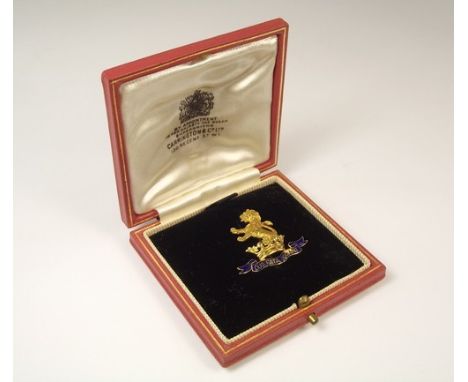 SWEETHEART PIN.A yellow metal & enamel 7th Princess Royal's Dragoon Guards sweetheart pin, in original box.