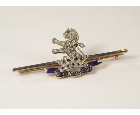 SWEETHEART PIN.A Sweetheart pin for the 7th Princess Royal's Dragoon Guards, set with diamonds, rubies, emeralds & with blue 