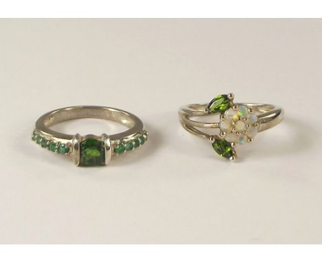 DRESS RINGS. A silver opal &amp; Russian diopside flower head ring &amp; a similar diopside &amp; emerald ring.