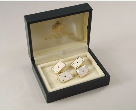 CUFFLINKS. A pair of enamelled playing card cufflinks, in Toye, Kenning &amp; Spencer Ltd. case.