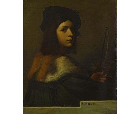 A 19th century oil on canvas after Raphael, portrait of a man, indistinct inscription on reverse, 28" x 21", framed