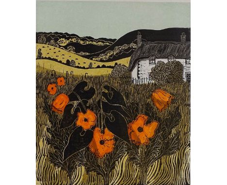 Robert Tavener, lino-cut print, poppies cottage and Downs, signed in pencil, no. 34/75, image size 16" x 13.5", framed