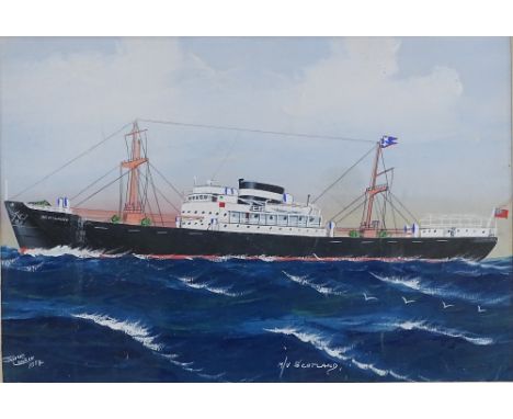 H Crane, gouache, ship portrait MV Scotland, signed and dated 1954, 9" x 12.5", framed