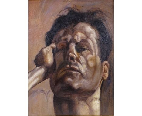Modern oil on board, head portrait of a man, unsigned, 24" x 18", framed
