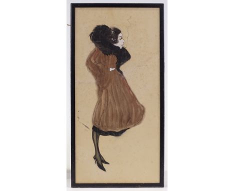 Watercolour, circa 1920s, caricature portrait of a woman, indistinctly signed and dated, 20" x 9.5", framed