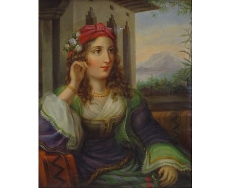 Oil on canvas, portrait of a Turkish girl by a window, unsigned, 13" x 11", framed