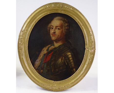 Oil on canvas laid on board, portrait of Louis 15th in armour, unsigned, 17" x 15", framed