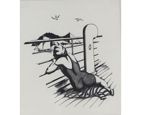 Robert Gibbings, woodcut print, the bather, from 16 woodcuts, published 1932, 10" x 8.5", framed