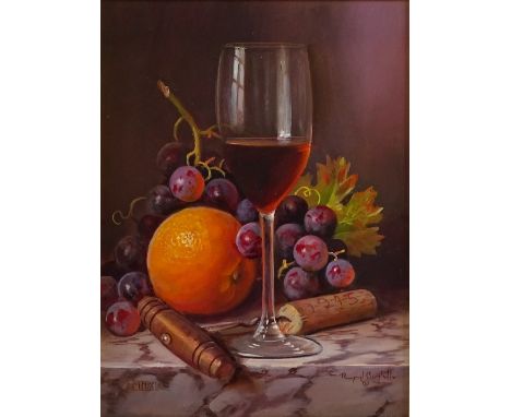 Raymond Campbell (born 1956), oil on panel, still life corkscrew, wine glass and fruit on a marble shelf, signed, 12" x 9", f