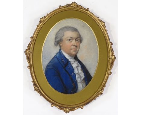 19th century coloured pastels, portrait of a gentleman in a blue coat, unsigned, 7.5" x 5.5", framed