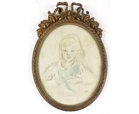 Eleanor Bellingham-Smith (1906 - 1988), watercolour, portrait of girl, signed, 11" x 9", ornate gesso ribbon-mounted frame