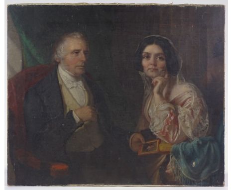 A 19th century oil on canvas, a portrait of a couple, unsigned, 25" x 30", unframed