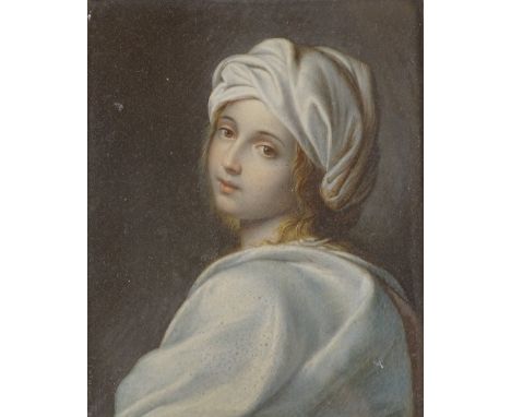 After Guido Reni, watercolour on ivory, portrait of Beatrice Cenci, unsigned, 7" x 5", framed under convex glass