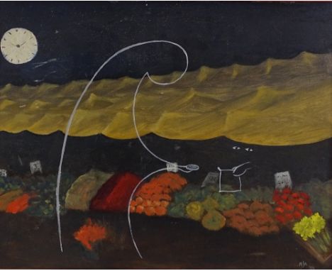 Oil on canvas board, surrealist composition, signed with initials H J A '59, 16" x 20", and oil on canvas, portrait of a woma