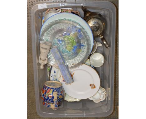 BOX WITH VARIOUS GENERAL BRIC-A-BRAC, TEA WARE, TEAPOT, GLASS CORONATION PLATES ETC     