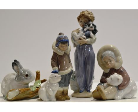 GROUP OF 4 LLADRO PORCELAIN FIGURINE ORNAMENTS - SCHOOL CHILD WITH STICK 5238, BUNNY EATING 4773, CONVALESCENT PUPPY 7609 &am