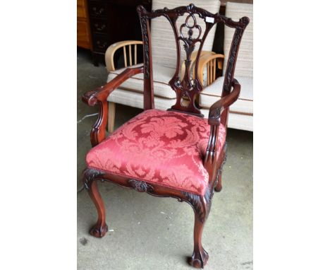 MAHOGANY CHIPPENDALE STYLE SINGLE ARM CHAIR WITH PADDED SEAT     