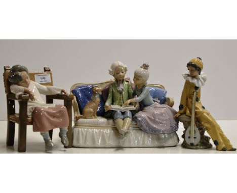 A LARGE LLADRO PORCELAIN CENTREPIECE DISPLAY, TOGETHER WITH ANOTHER LLADRO PORCELAIN FIGURINE &amp; A NAO PORCELAIN JESTER FI