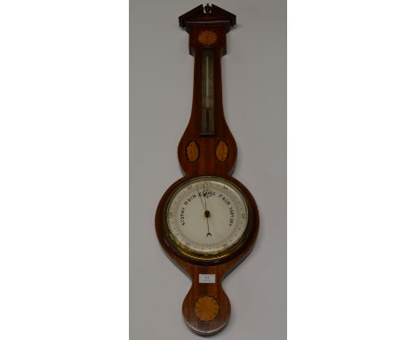 39¼" EDWARDIAN INLAID MAHOGANY COMBINATION BAROMETER THERMOMETER     