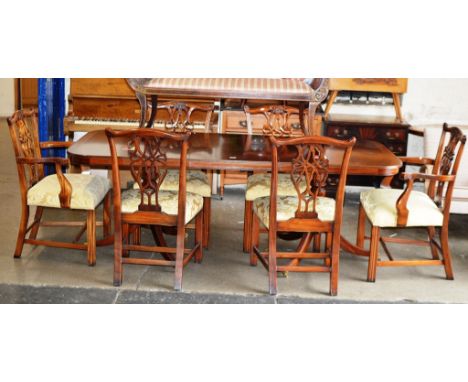 REPRODUCTION MAHOGANY DINING ROOM TABLE WITH SET OF 6 CHIPPENDALE STYLE CHAIRS COMPRISING 2 CARVER &amp; 4 HAND     